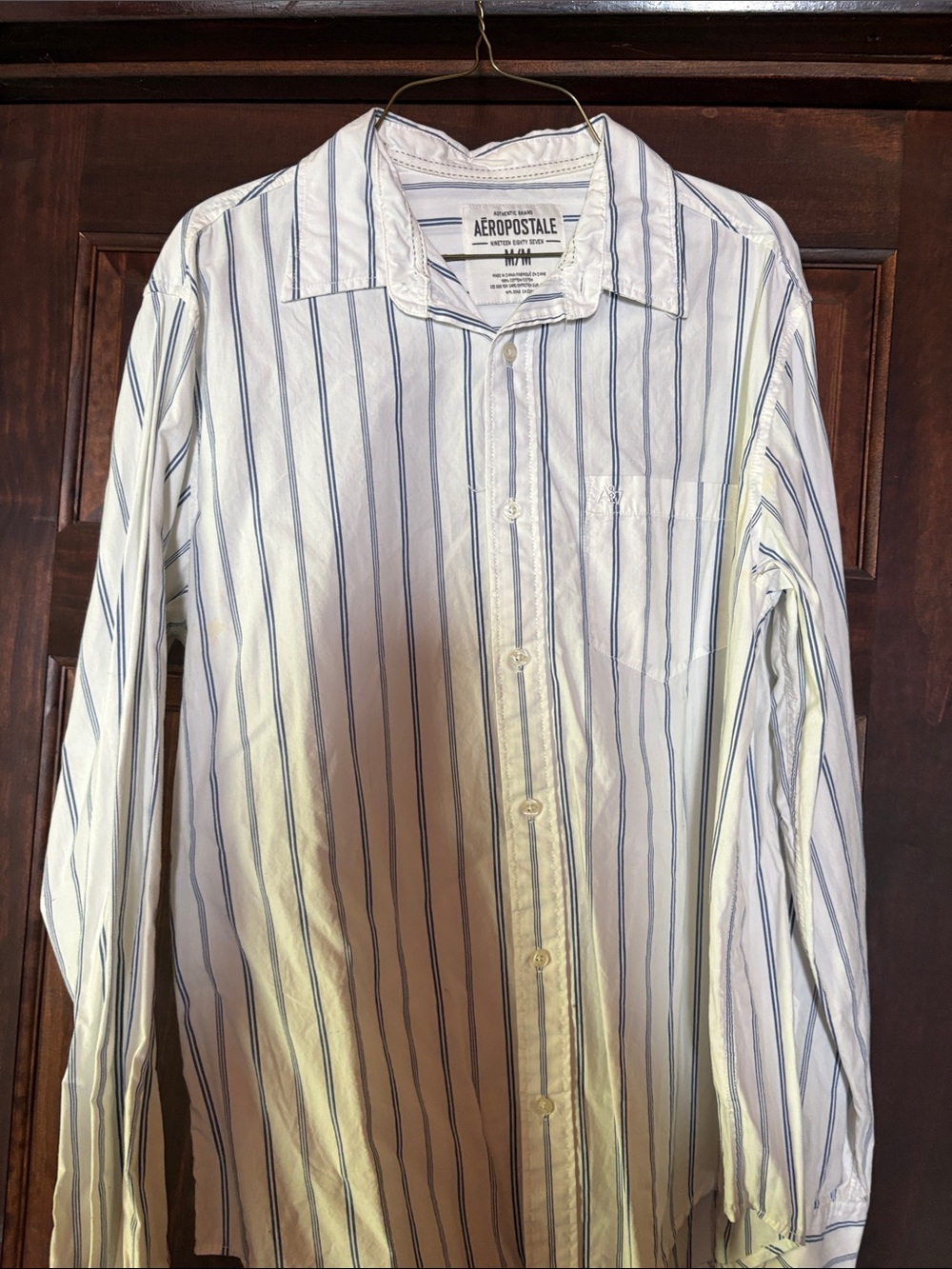 Aeropostale White Button-Down Shirt with Blue Stripes